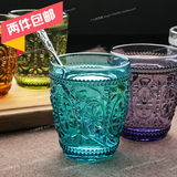 出口日本彩色田园杯 浮雕刻花无铅水晶玻璃杯子欧式复古风茶水杯