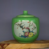 民国粉彩绿釉花鸟罐古董古玩仿古瓷收藏摆件做旧瓷器复古茶叶罐