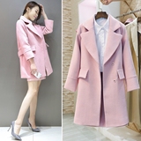 2016春季新款韩版毛呢外套女中长款学生修身显瘦羊毛呢子粉色大衣