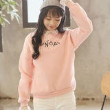 秋冬新款韩版学生加绒长袖花边蕾丝拼接T恤外套头印花字母卫衣女