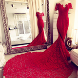 2016新款红色婚纱礼服韩式新娘V领鱼尾婚纱一字肩长拖尾修身花朵