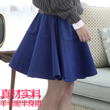 秋冬季新款韩版女式伞裙加绒加厚纯色高腰中长羊毛呢半身裙