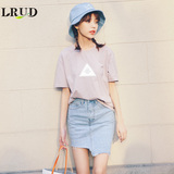LRUD2016夏季新款韩版圆领套头三角形字母印花短袖女宽松简约T恤