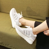 夏季网布镂空透气运动鞋韩版爆款磨砂牛皮系带休闲鞋中跟舒适女鞋