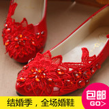 红色平底水钻新娘结婚鞋绣花韩版新娘结婚鞋纯手工花朵平跟伴娘鞋