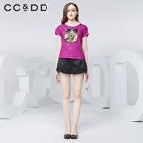 CCDD2016夏装新款专柜正品女装 蕾丝贴布印花短袖 修身百搭T恤