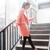 2015新款韩版修身粉色毛呢外套女秋冬加厚保暖中长款修身呢子大衣