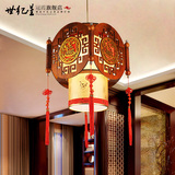 新中式木艺吊灯 金色刺绣羊皮灯餐厅单头吊灯客厅茶楼酒店过道灯