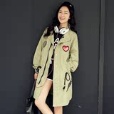 2016秋季新款女装韩国版印花军绿色大码学生工装中长款风衣外套潮