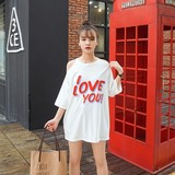 韩国夏季女装中长款个性字母印花宽松性感露肩T恤女短袖上衣夏潮