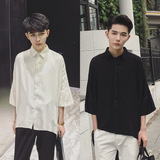 日系复古前短后长男士中袖衬衫黑白色韩版潮流五分袖衬衣大码宽松