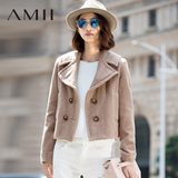 Amii旗舰店冬装新款艾米大翻领双排扣短款插袋休闲羊毛呢外套女