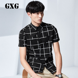 GXG男装 夏装新品 男士时尚线条黑色短袖衬衫潮