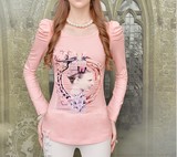 2016春装新款圆领泡泡袖长袖T恤粉红大布娃娃粉色印花体恤女装