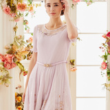 贝莎玫瑰2016夏季新款粉红玛丽气质奢华钉珠蕾丝网纱修身连衣裙子