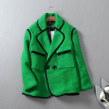外贸原单2015秋冬新款女装清新绿色西装领大口袋镶边羊毛呢外套