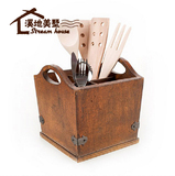 正品可立特欧式美式乡村褐色做旧木制餐具收纳储物盒筷子笼摆件