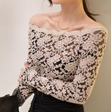 韩国代购春装新性感一字领露肩黑色透视修身长袖蕾丝衫上衣1976