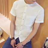 男士时尚商务休闲韩版修身短袖白色衬衫青少年纯色衬衣服
