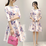 2016春季新款韩版女装修身显瘦气质印花一字领七分袖中裙连衣裙女