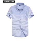 JACK WALK夏季短袖衬衫男装 海军风牛精纺大身条纹印拼接短袖衬衣
