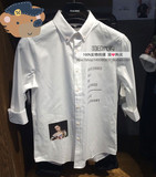 太平鸟男装夏季修身复古肖像字母图案个性七分袖衬衫B2CB52416