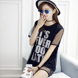 乔治以纯2016夏季新款韩版女装休闲大码中长款字母印花短袖T恤