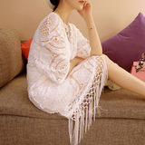 韩国白色大码长裙蕾丝镂空OL复古宽松中长款流苏连衣裙夏裙子