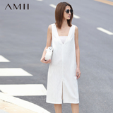 Amii2016夏新款深V领几何竖条纹镂空大码套头中长款背心连衣裙