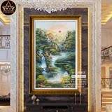 新中式客厅纯手绘山水风景墙壁装饰油画挂画竖版单幅玄关画聚宝盆