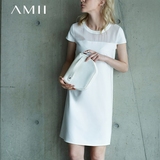 Amii极简女装 通勤简约风琴褶透视拼接短袖连衣裙 中长款夏装裙子