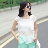 Amii极简女装个性不规则拼接透视雪纺圆领T恤女夏季薄款无袖上衣