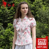 红英2016春夏女装新款甜美蝴蝶结立领修身纯棉短袖衬衫