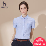 Hazzys哈吉斯夏季新品英伦短袖休闲衬衫 纯棉修身方领衬衣女装