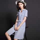 ANN 2016夏新款iFashion 蓝白条纹宽松收腰连衣裙衬衫裙 CX056