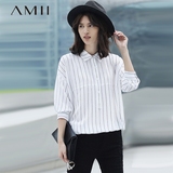 Amii极简女装宽松中长款蝙蝠长袖雪纺衫女夏简约黑白条纹衬衫上衣