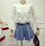 2016年夏季韩版新款镂空蕾丝拼雪纺喇叭袖+珍珠毛边牛仔短裤套装