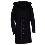 【仅一件】LANVIN 黑色纯羊毛V领单排扣小牛皮装饰连帽大衣