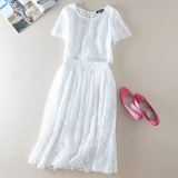 连衣裙夏中长款 高腰 2016欧美新款女装性感显瘦短袖白色蕾丝裙子