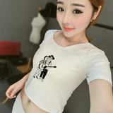 2016韩版夏紧身露肚脐印花短袖T恤女半袖高腰短款上衣漏肚脐短装