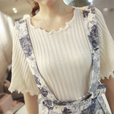 韩版夏季新款薄款纯白色荷叶边短袖V领针织衫女套头打底短款上衣