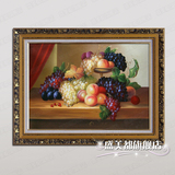 纯手绘油画欧式餐厅有框画古典静物水果装饰画横版挂画壁画墙画