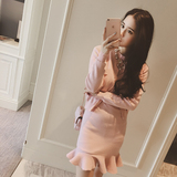 2016韩版纯色两件套针织衫修身荷叶边连衣裙毛衣时尚潮口袋小开衫