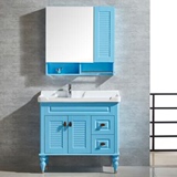 地中海浴室柜美式洗手盆柜组合欧式橡木落地蓝色洗脸盆卫浴柜面盆