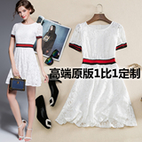 夏季新款欧美大牌高端定制短袖修身显瘦收腰雪纺裙白色蕾丝连衣裙
