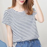 条纹t恤女短袖2016韩版夏季 休闲宽松蓝白撞色条纹圆领学生装体恤