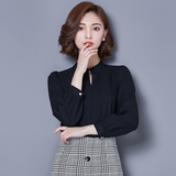 2016秋装新款韩版V领修身衬衫女长袖显瘦雪纺衬衣