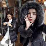 韩国2015冬装真狐狸大毛领收腰羽绒衣女修身显瘦中长款羽绒服外套