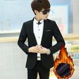 青少年韩版男士小西装学生休闲西服套装加绒加厚修身冬季职业正装