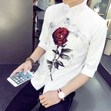 夏季韩版短袖衬衫修身男士七分袖衬衣印花中袖时尚发型师长袖潮流